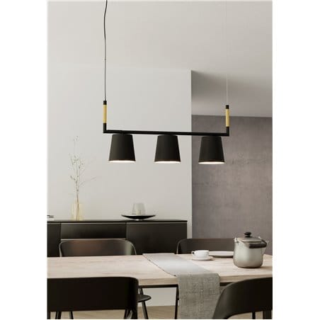 Lacey czarna lampa wisząca z 3 kloszami np. nad stół drewniane detale
