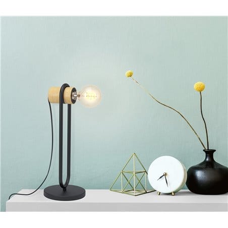 Minimalistyczna lampa stołowa Chieveley loftowa czarny metal drewno