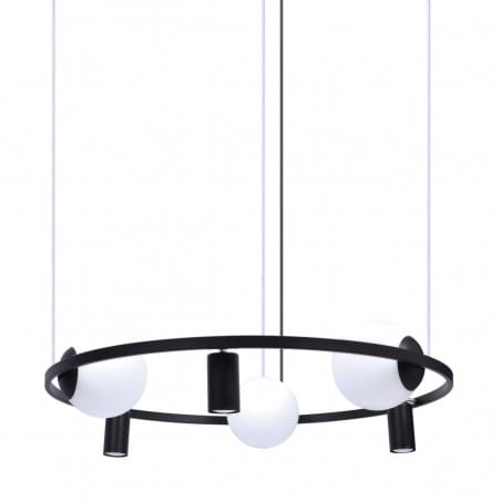Orbit nowoczesna lampa wisząca nad stół do jadalni czarna obręcz szklane białe kule