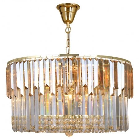 Duża szklana lampa wisząca Camille 60cm łańcuch złoto bezbarwne i dymione szkło do salonu