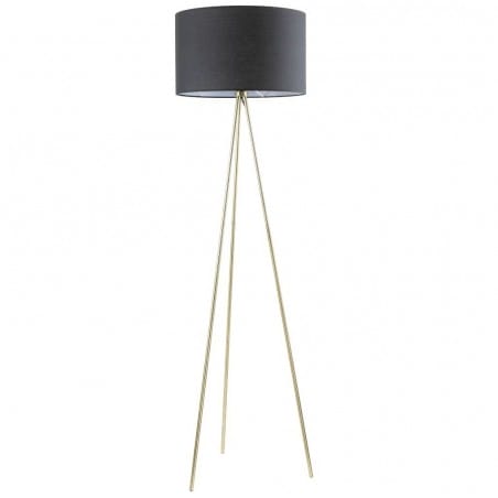 Lampa podłogowa Cara złoty trójnóg czarny abażur z materiału do sypialni