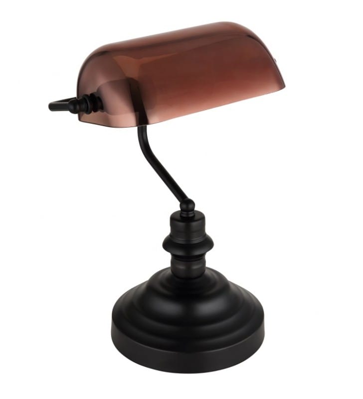 Czarna lampa gabinetowa Antique ze szklanym miedzianym kloszem bankierka